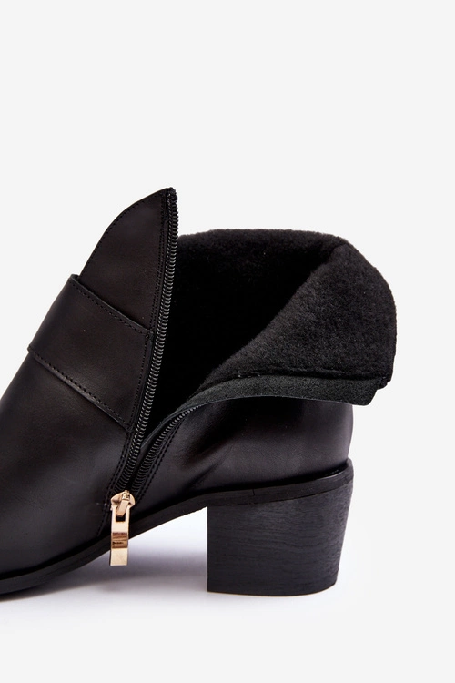 Skórzane Botki Damskie Na Niskim Słupku Z Klamrą Czarne Liliane