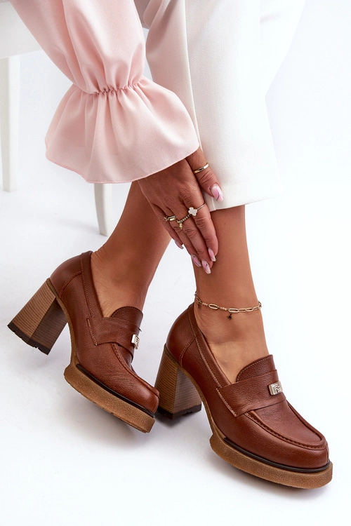 Zazoo 20169 Skórzane Półbuty Na Obcasie Brązowe