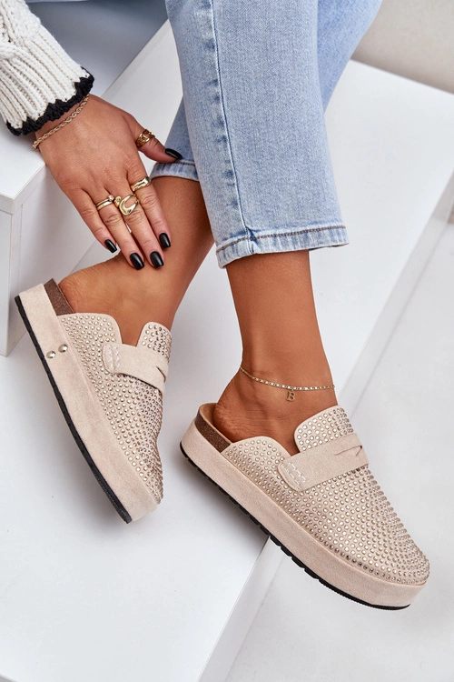 Klapki Damskie Zdobione Cyrkoniami Na Platformie Beżowe Deorani