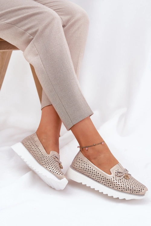 Skórzane Ażurowe Półbuty Damskie Z Naturalnej Skóry D&A LR51-631 Złote