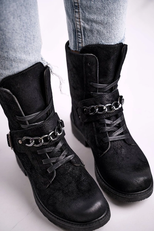 Botki Workery Z Łańcuchem Zamszowe Czarne Augusta