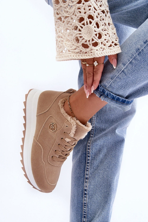 Ocieplane Skórzane Buty Sportowe Na Platformie Ciemnobeżowe Adite