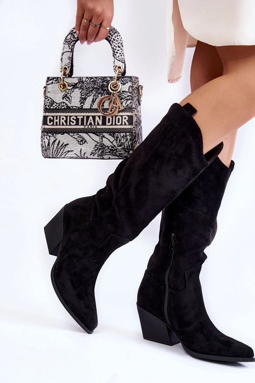 Damskie Zamszowe Kozaki Kowbojki Czarne Alaina