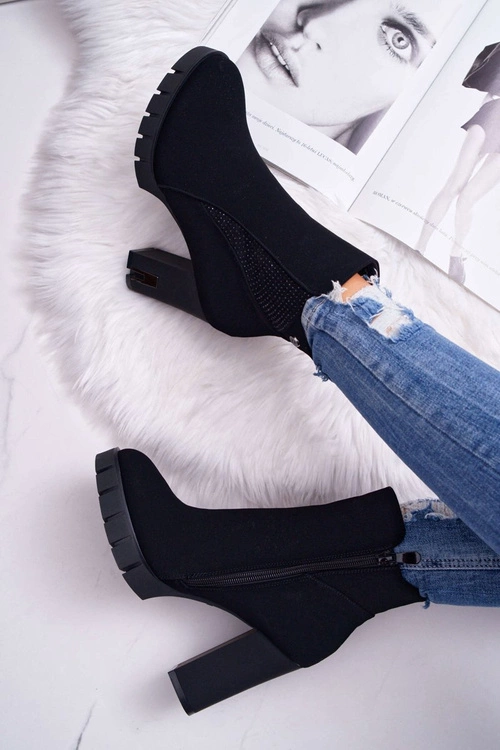 Botki Damskie na Słupku Platformie Z Cyrkoniami Czarne Deren