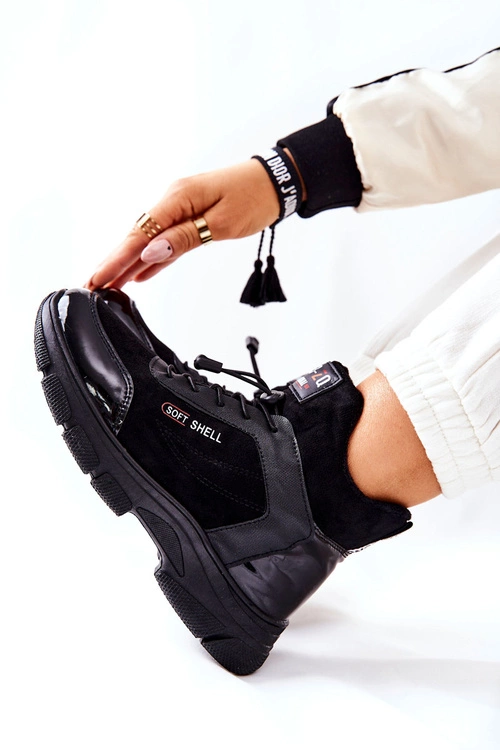 Wysokie Skórzane Ocieplane Buty Sportowe Czarne Merit