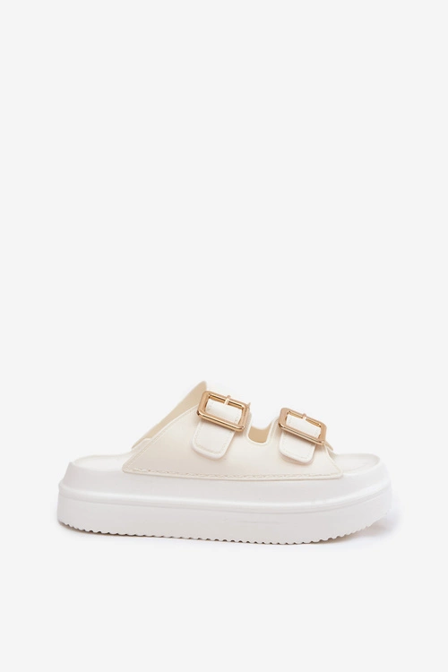 Klapki Damskie Na Platformie Ze Złotymi Klamrami Ecru Zorila