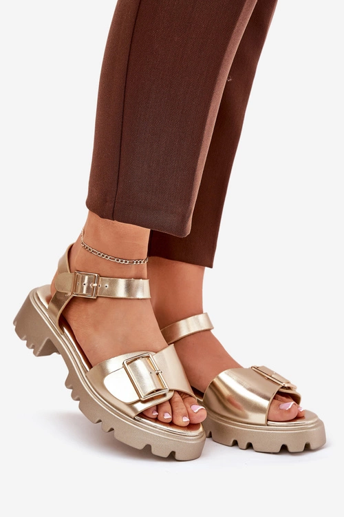 Eko Skórzane Sandały Damskie Z Klamrą Złote Gofielle