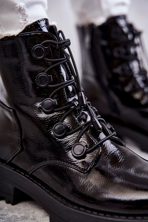 Damskie Lakierowane Ocieplane Botki Ze Ściągaczem Czarne Helia