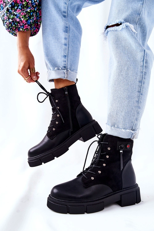 Skórzane Botki Workery Wiązane Czarne Your Way!