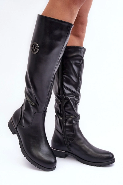 Skórzane Kozaki Damskie Na Płaskim Obcasie Czarne Albuna