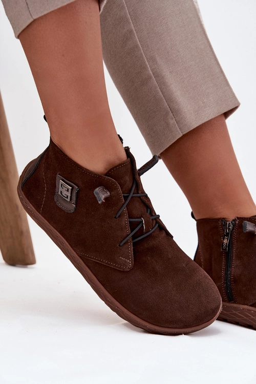 Zamszowe Półbuty Barefoot Damskie Z Ozdobnym Detalem Zazoo 30072 Czekoladowe