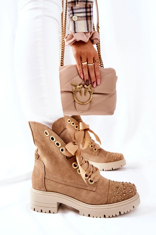 Zamszowe Botki Workery Lewski Shoes Wiązane 3069 Piaskowe