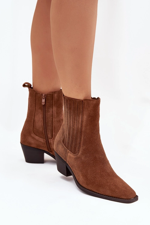 Zamszowe Botki Damskie Na Słupku Ocieplane Camel Arelia