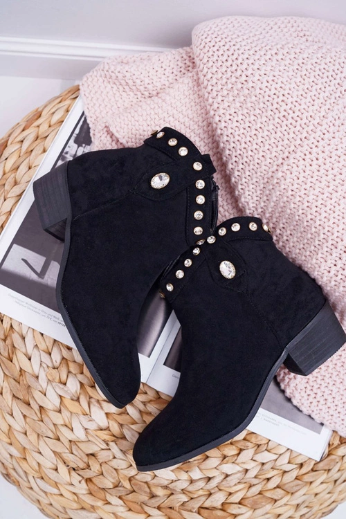 Botki Damskie Płaski Obcas Kowbojki Z Cyrkoniami Czarne Patti