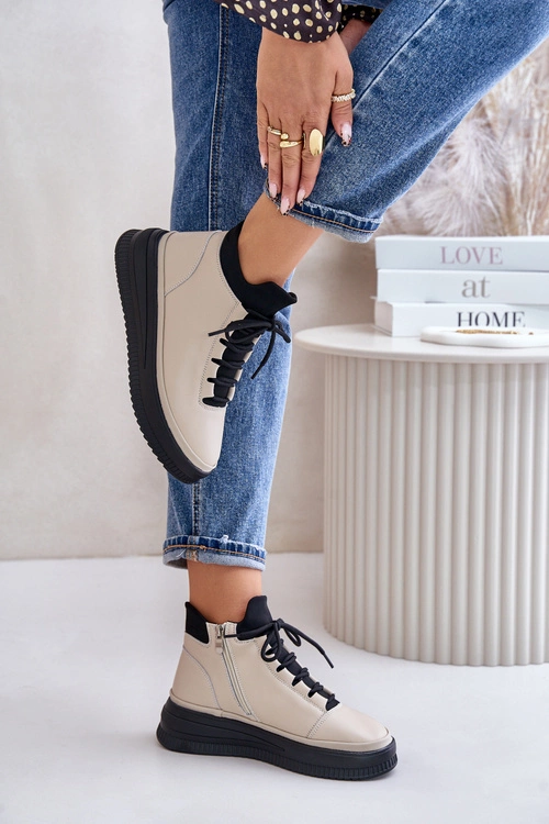 Lekkie Skórzane Buty Sportowe Na Platformie Artiker 55C0554 Beżowe