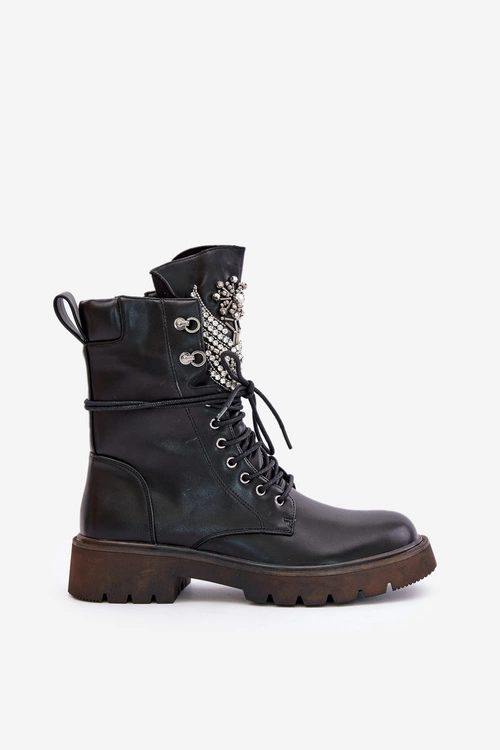 Eko Skórzane Botki Workery Ze Zdobieniem Ocieplane D&A MR880-080 Czarne