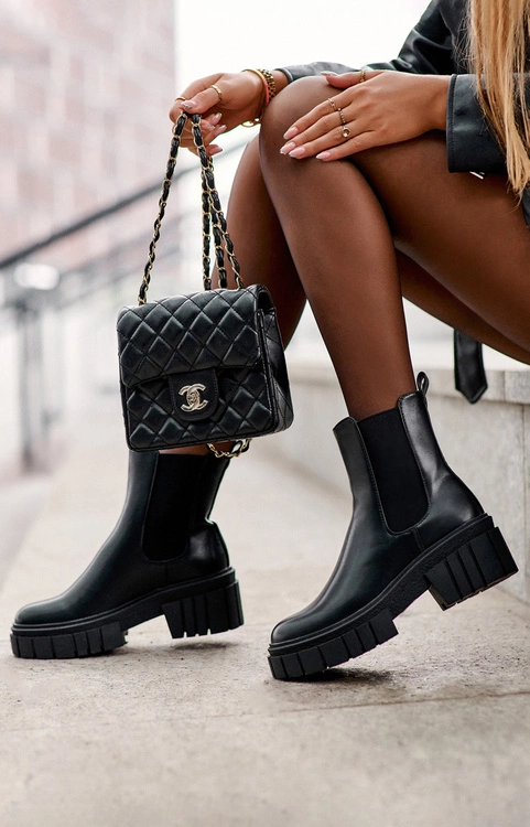 Skórzane Sztyblety Botki Na Masywnym Płaskim Obcasie Czarne Keva