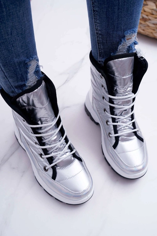 Damskie Botki Śniegowce Ocieplane Futerkiem Srebrne Muffin