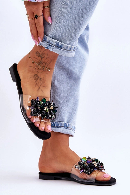 Damskie Klapki Z Ozdobnymi Kamieniami S.Barski KV-576-3 Czarne