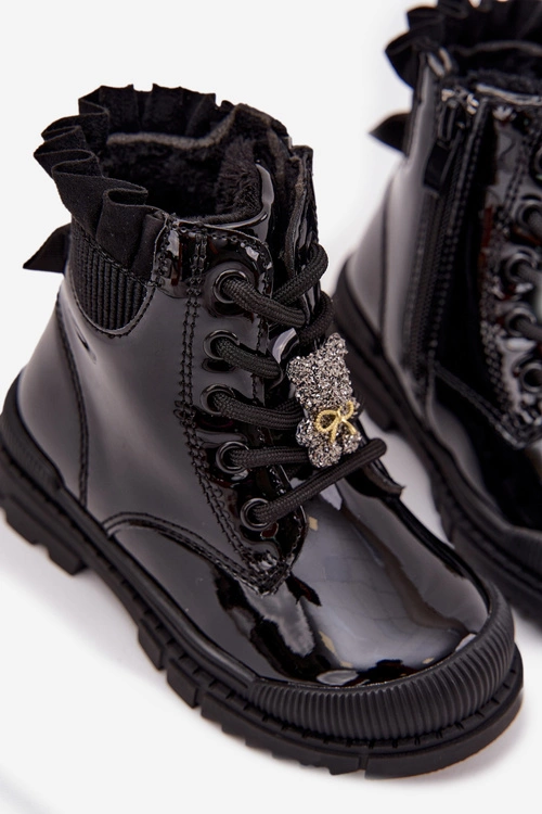 Lakierowane Botki Dziecięce Ocieplane Z Przypinką Miś Czarne Fionessa