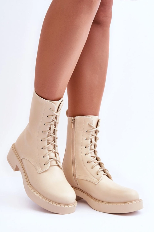 Skórzane Botki Workery Na Płaskim Obcasie Jasnobeżowe Aganne