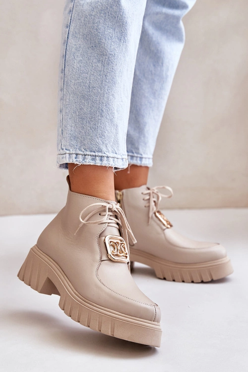 Zazoo 2952 Skórzane Botki Ze Złotą Ozdobą Beżowe