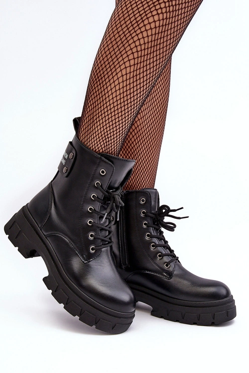 Damskie Workery Botki Sznurowane Na Płaskim Obcasie Czarne Brenhile