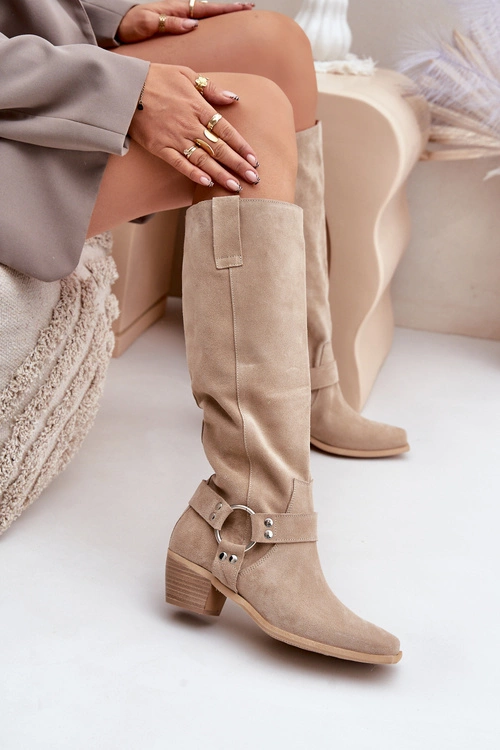 Zamszowe Kozaki Na Niskim Obcasie Z Cholewką Przed Kolano Zazoo 3444/O Jasnobeżowe