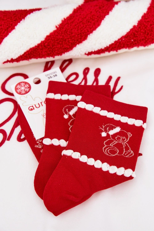 Skarpetki Damskie Świąteczne Miś W Czapce Mikołaja Czerwone