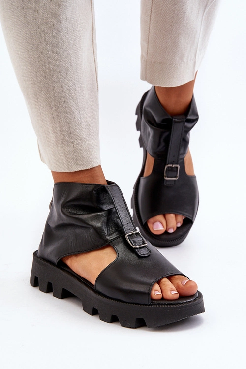 Zazoo 999 Skórzane Sandały Damskie Z Zamkiem Czarne