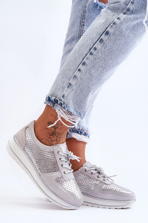 Skórzane Buty Sportowe Z Perforacją S.Barski AL22246 Srebrne