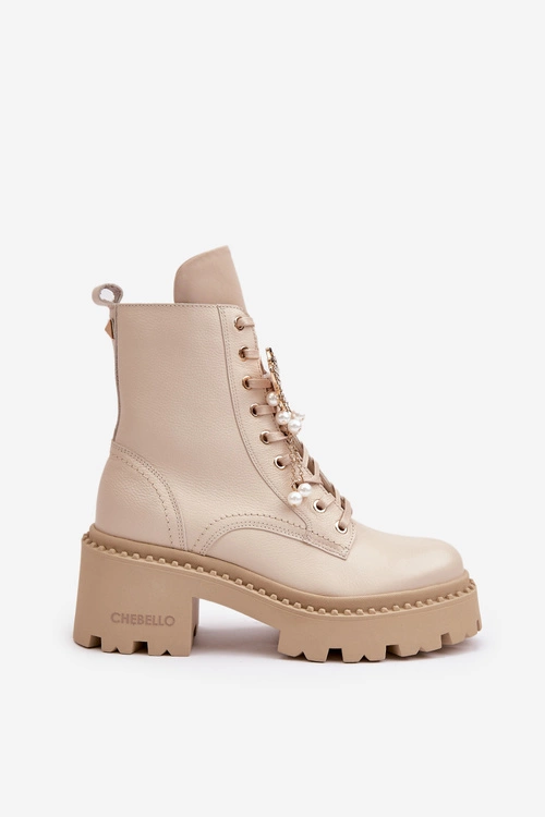 Skórzane Botki Workery Damskie Z Motylem Beżowe CheBello 4590