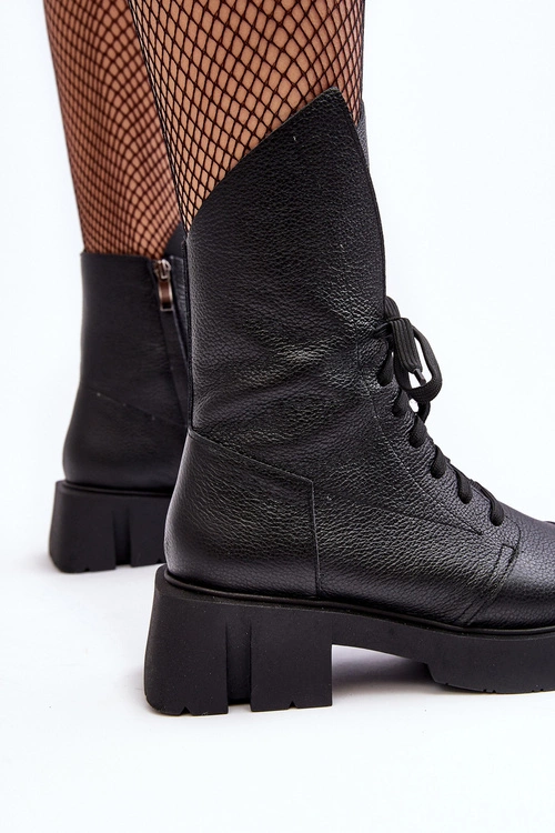 Damskie Skórzane Botki Workery Na Masywnym Płaskim Obcasie Zazoo 976A Czarne