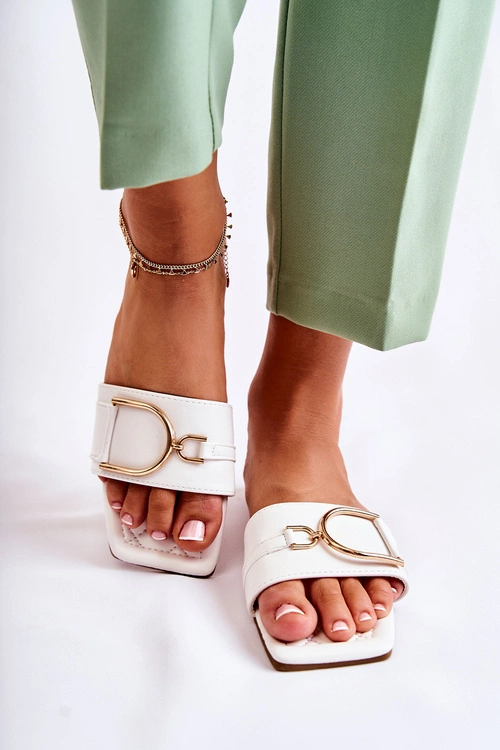 Damskie Skórzane Klasyczne Klapki Z Ozdobą Białe Shilla