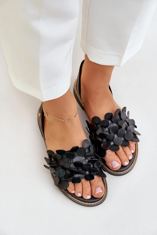 Skórzane Sandały Na Płaskim Obcasie Zazoo 40425 Czarne