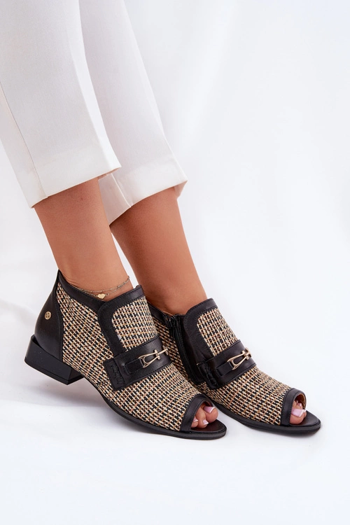 Skórzane Botki Damskie Z Odkrytymi Palcami Maciejka 06934-39/00-1 Czarno-Beżowe