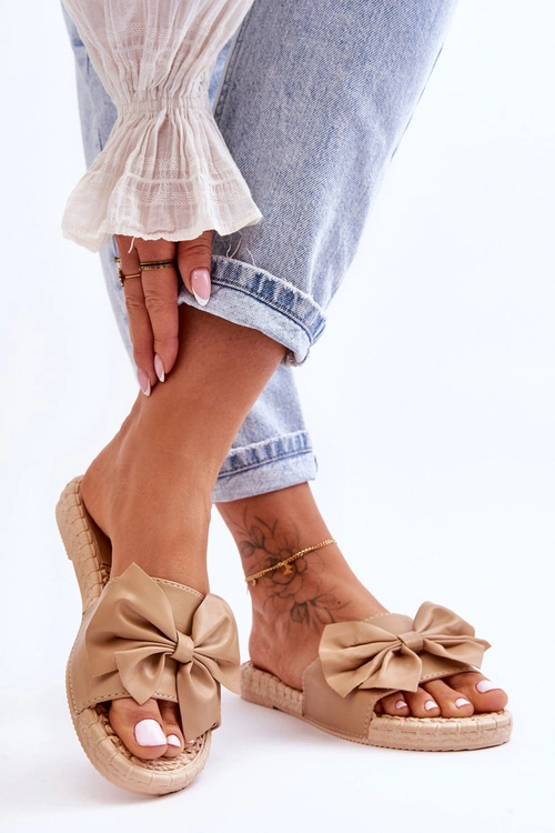 Modne Damskie Klapki Z Kokardą Beżowe Estera