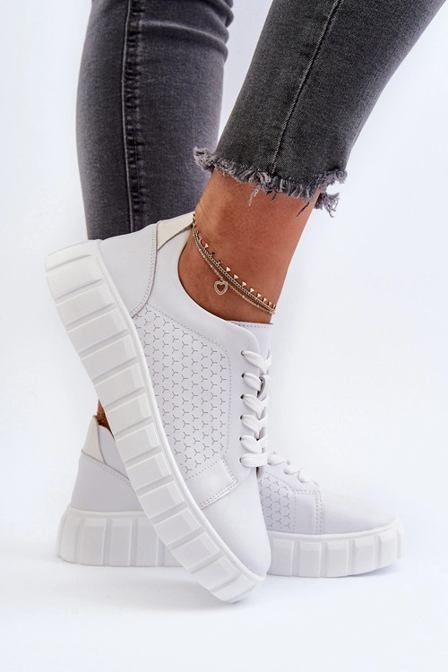 Skórzane Sneakersy Damskie Na Platformie Białe Eselmarie