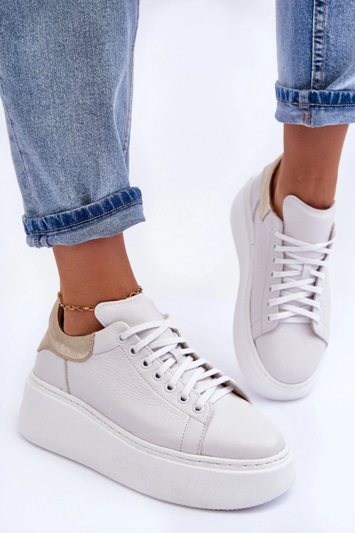 Damskie Buty Sportowe Skórzane na Platformie Białe Lemar 10150 - Złota Wstawka