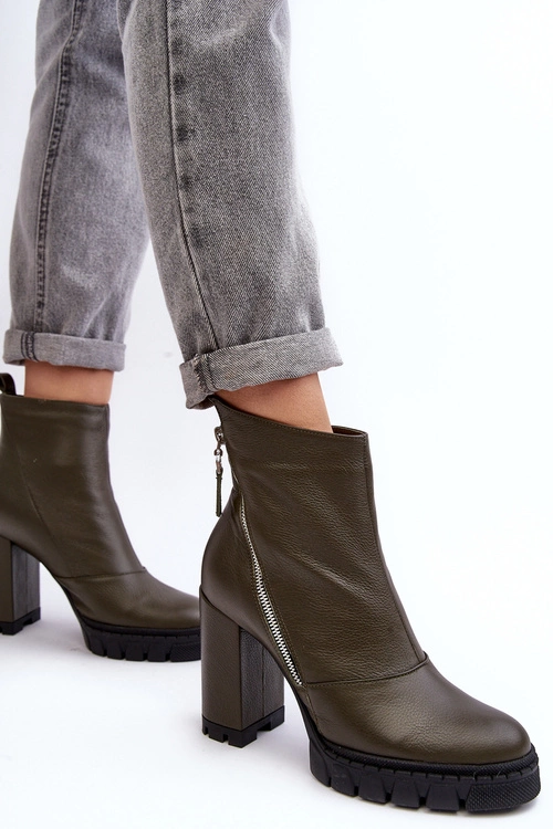 Modne Skórzane Botki Na Obcasie Laura Messi 2509 Ciemnozielone