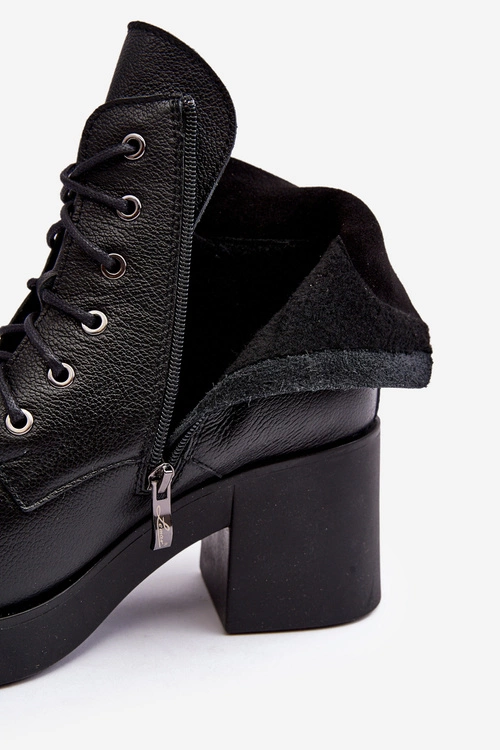 Skórzane Botki Damskie Na Słupku Czarne Lemar Leocera