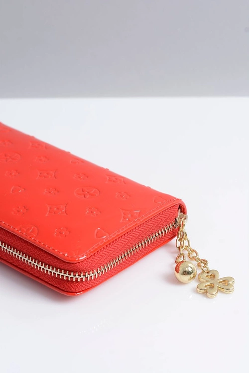 Portfel Damski Duży Czerwony Lakierowany Złoty Zamek