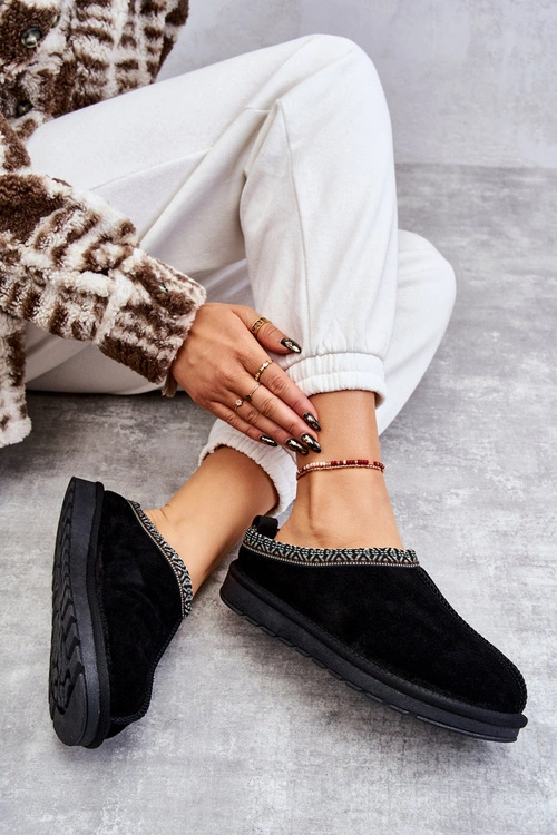 Zamszowe Damskie Papcie Z Futerkiem Czarne Buffie