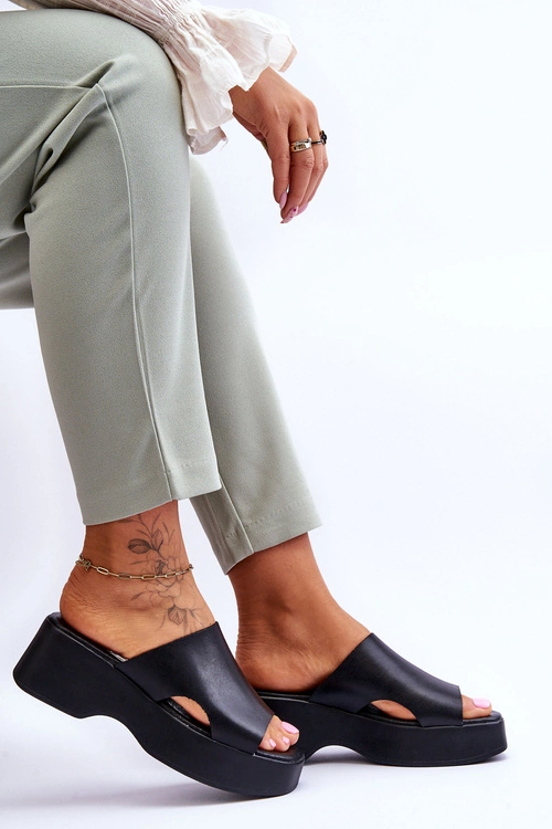 Damskie Klapki Skórzane Na Platformie Czarne Lemar Lucami