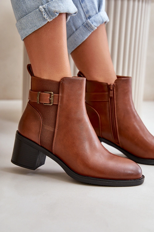 Botki Damskie Ocieplane Na Słupku Z Klamrą Camel Nevillira