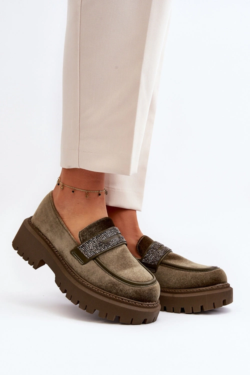 Damskie Welurowe Mokasyny Z Ozdobą Ciemnozielone Wendreda