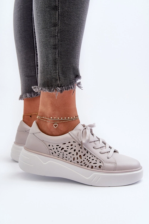 Ażurowe Sneakersy Damskie Na Platformie Skórzane Szare Peilaeno