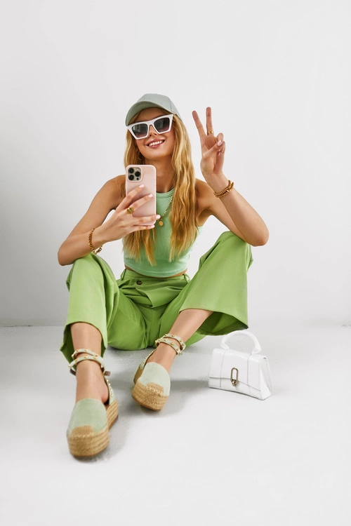 Espadryle Sandały Z Dżetami Zielone Lillian