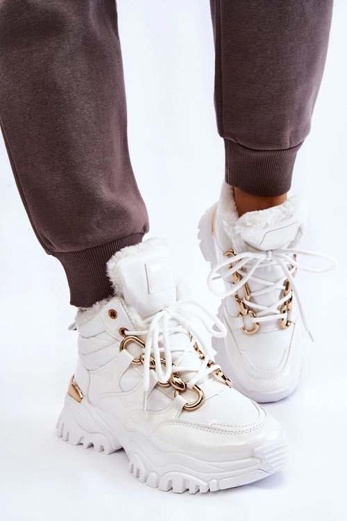 Damskie Ocieplane Buty Sportowe Trapery Sznurowane Białe Bastini