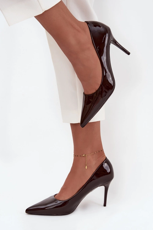 Lakierowane Eko Skórzane Szpilki Damskie Ze Szpiczastymi Noskami Czekoladowe Jadira